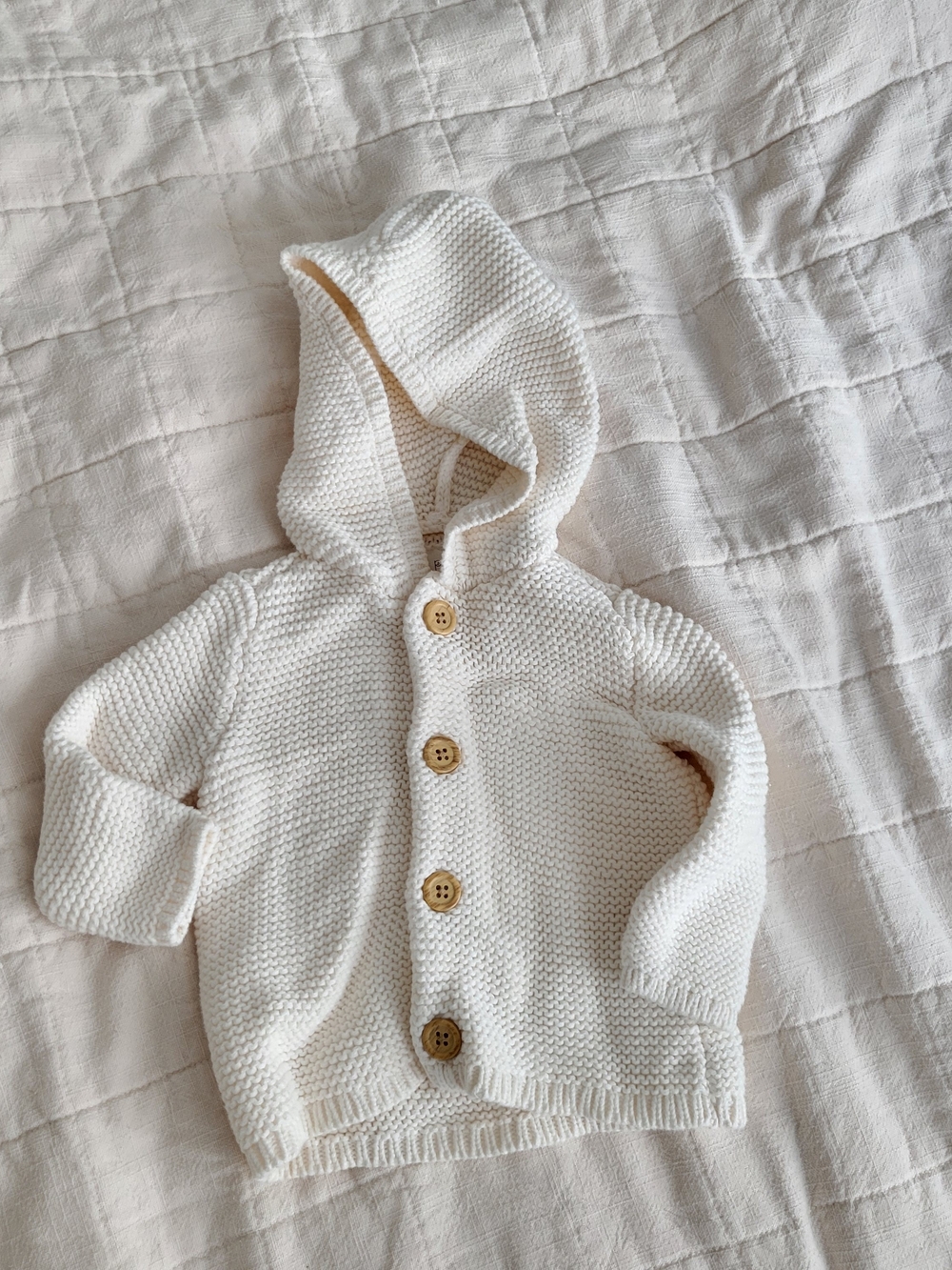 Cream Hooded Baby Knit Cardigan with Wooden Buttons